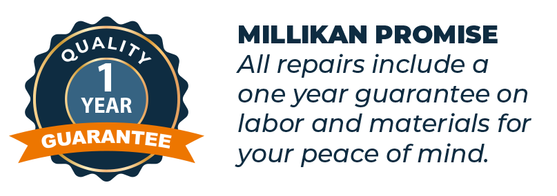 Millikan Plumbing and Boilers one year guarantee badge for repairs on labor and materials.