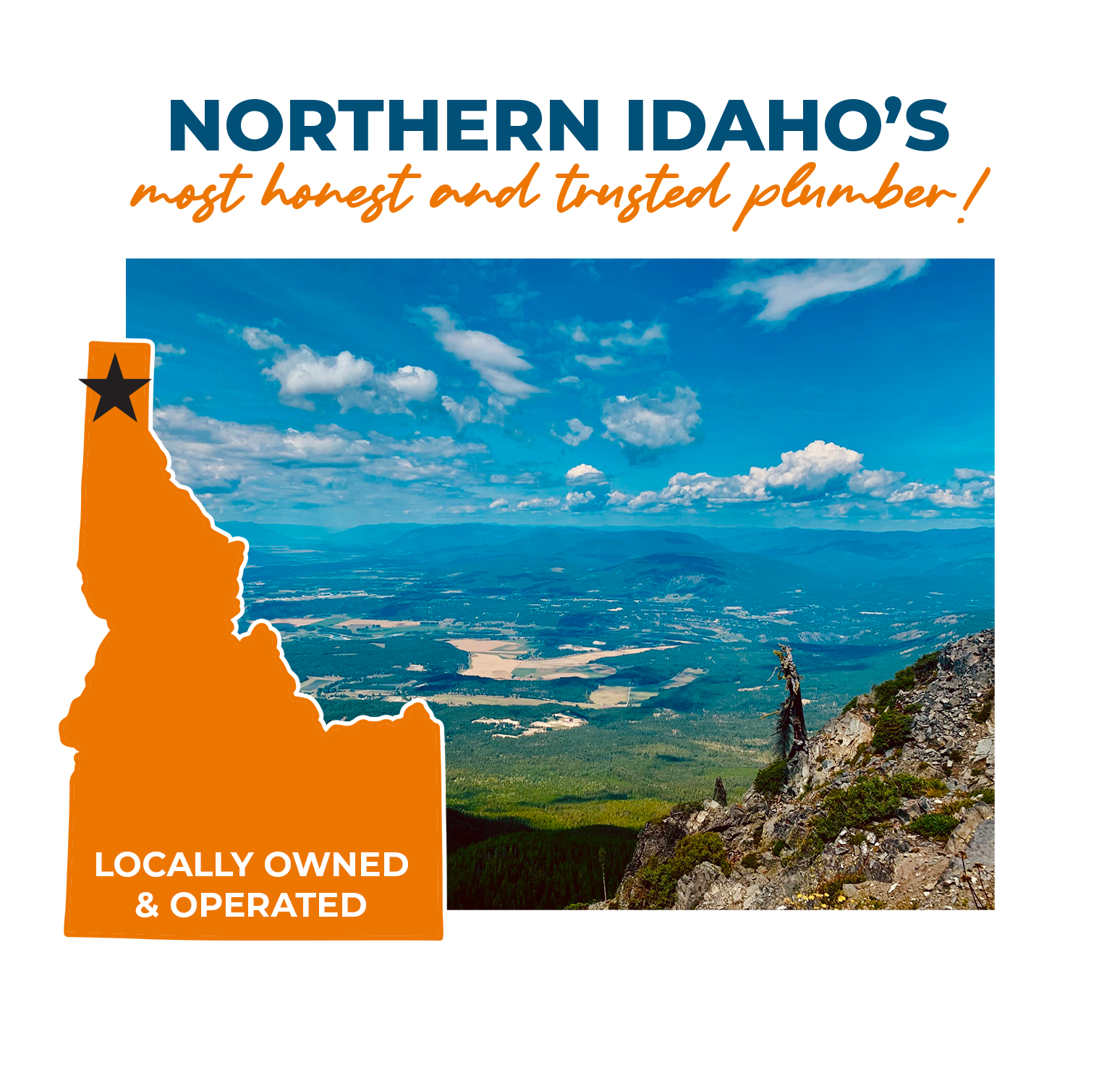 Local North Idaho plumber serving Bonners Ferry and Sandpoint with honest, trusted service. Image shows Idaho outline and a view of the Kootenai Valley.