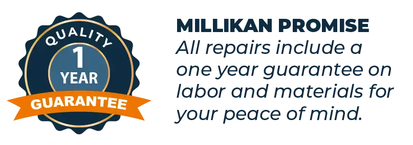 Millikan One Year Guarantee on All Repairs Millikan Plumbing and Boilers one year guarantee badge for repairs on labor and materials.