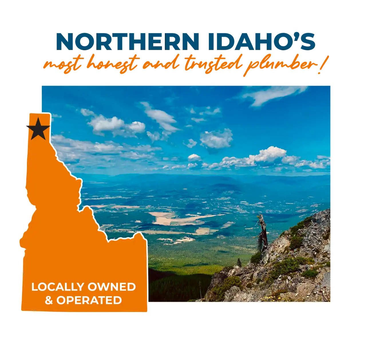 Local North Idaho plumber serving Bonners Ferry and Sandpoint with honest, trusted service. Image shows Idaho outline and a view of the Kootenai Valley.